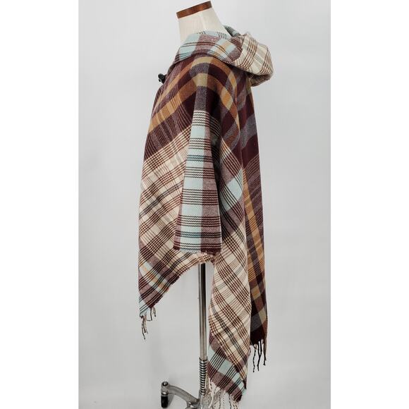 Style Collective‎ Poncho Ruana Cape Wrap Sweater Twill Plaid Hooded One Size New - Picture 2 of 7